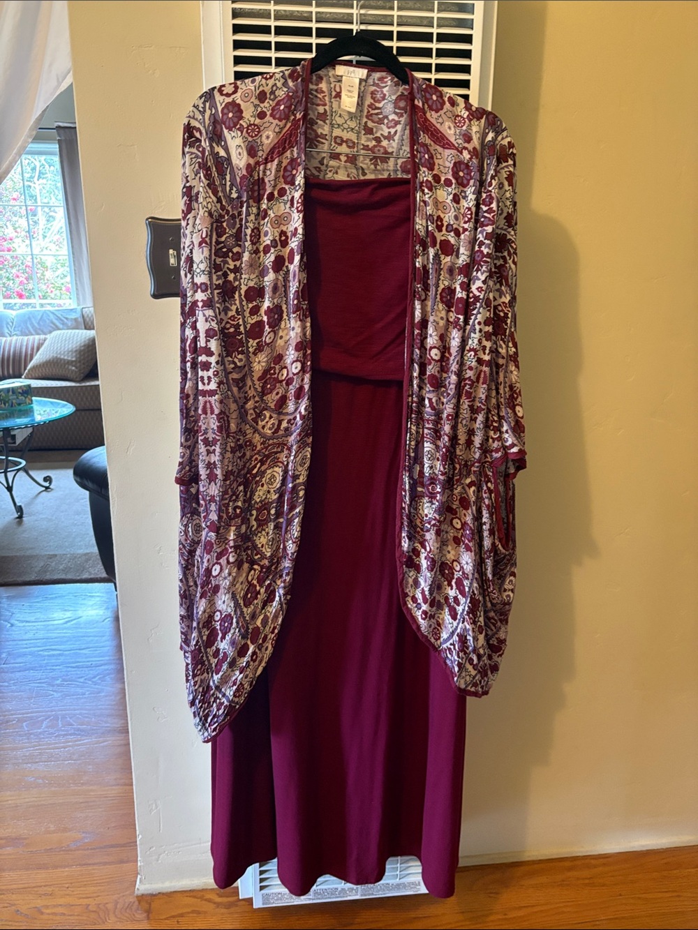 J. Jill 2X Strapless Burgundy Maxi Dress with Printed Drape Ruana/Kimono